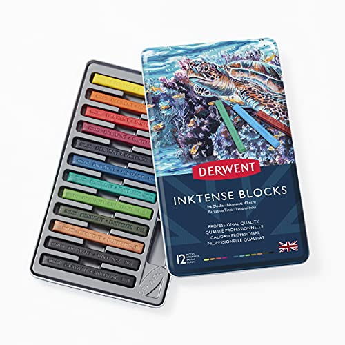 Derwent Inktense - Set de 12 Craies Aquarellables 8 mm, pour Dessin / Coloriage / Peinture sur Papier & Tissu, Qualité Professionnelle (2300442)
