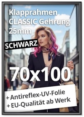 net-xpress® 70x100 Klapprahmen 70 x 100 cm Plakatrahmen 25 mm schwarz | mit Antireflex-UV-Folie | Posterrrahmen aus Alu mit Gehrungsecken | inkl. Schrauben & Dübel | Wechselrahmen 70x100 schwarz