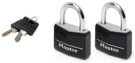 Master Lock 9140EURTBLK Lot de 2 Cadenas à Clé en Aluminium Massif recouvert de Vinyle, noir, 4 x 5,9 x 1,3 cm