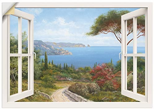ARTland Wanddeko Wandtattoo selbstklebende Vinylfolie 130x90 cm Fensterblick Fenster Küste Meer Bucht Landschaft Natur Malerei Kunst T4EF