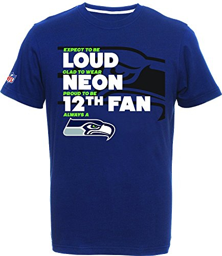 Majestic Athletic NFL Football T-Shirt Seattle Seahawks Slogan 12th Fan Loud Neon (L)