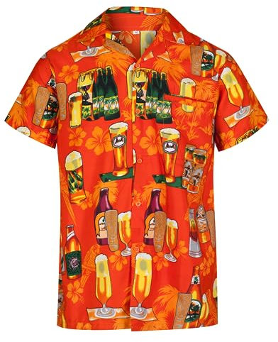 REDSTAR Hawaiian Shirts for Men Funny Shirts with Short Sleeves - Hawaiian Fancy Dress Mens Hawaiian Shirt Button Down Beer Shirts for Men - Ugly Shirts for Stag Do Accessories (Large, Orange)
