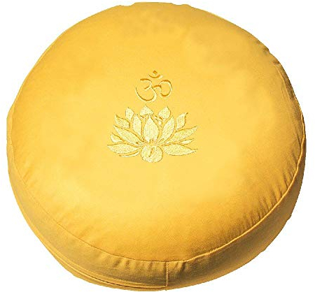 Meditationskissen mit Dinkelfüllung und Stickerei Lotus Om, goldgelb