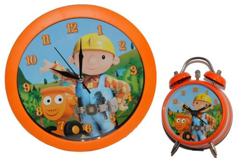 alles-meine.de GmbH 2 TLG. Set Wanduhr + Wecker - Bob der Baumeister - orange 28,5 cm groß Uhr Kinderzimmer Mixi Jungen Auto - Kinderuhr & Kinderwecker - Baustelle