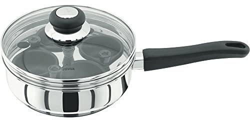 Judge Vista Stainless Steel Four-Cup Egg Poacher and Frying Pan, 20cm, Shatterproof Vented Glass Lid, Induction Ready, Oven Safe