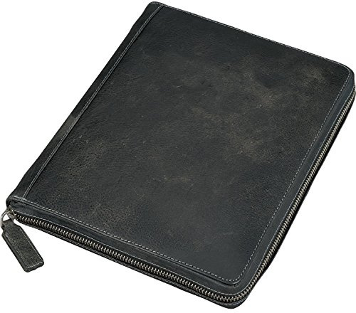 ALASSIO 41102 Tablet PC Hülle FLUSH, Tablethülle aus Echt Leder / Vollrindleder, Schutzhülle für Tablets bis 10 Zoll mit Aufsteller, Tabletcase mit Reißverschluss in schwarz grau, ca. 21,5 x 25,5 cm