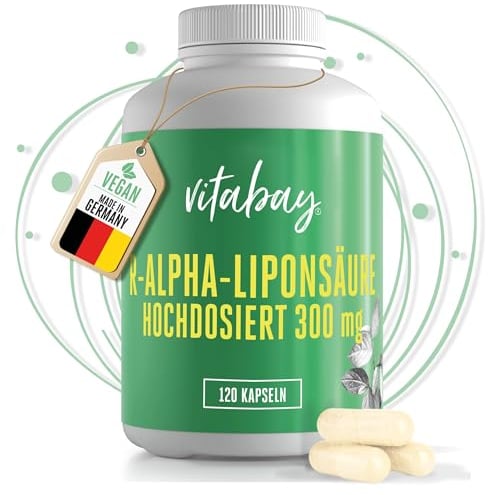 Vitabay R- Acido Alfa Lipoico 300mg Alta Dosis - 120 cápsulas veganas y probadas en laboratorio - Alpha Lipoic Acid R Ala - Sin aditivos indeseados