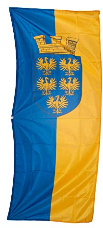 Fahnen Kössinger, Hissfahne im Hochformat, Fahne Bundesland Niederösterreich, Hissfahne mit Wappen, hochwertiger Siebdruck, brillante Farben, blau-gelb, reißfest, 150 x 400 cm, 6,0 m² Fläche