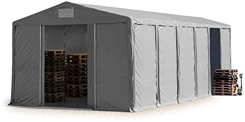 TOOLPORT Lagerzelt Industriezelt 8x12 m Zelthalle mit 3,6m Seitenhöhe PVC Plane 850 N grau wasserdicht Ganzjahreszelt mit Schiebetor