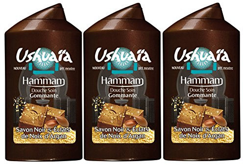 Ushuaïa - Hammam Douche Soin Gommante au Savon Noir & Éclats de Noix d'Argan - 250 ml - Lot de 3