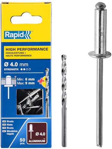 Rapid Blindnieten Aluminium Universal Ø 4mm, 6-9mm Klemmbereich, 50 Stk. Nieten, Set inkl. Bohrer, für Blindnietzangen