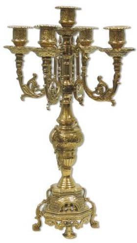 arterameferro Barocker Kerzenständer 5 Flammen aus poliertem Gold Messing Kerzenhalter für Feste Anlässe, Kirche, Barockstil, Höhe 40 cm, Durchmesser Basis 11 cm