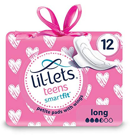 Lil-Lets Teens Long Pads X 12, Petite Towels for Girls & Teenagers, with Wings, for Medium Flow, Unscented, Soft & Breathable, First Period Sanitary Towels, 1 Pack of 12 Pads
