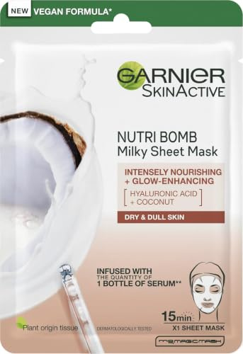 Garnier Nutri Bomb Milky Sheet Face Mask, Coconut & Hyaluronic Acid 28g | With Coconut and Hyaluronic Acid for Hydrated & Glowing Skin, Intensely Nourishing & Restoring Tissue Mask