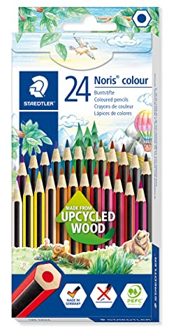 STAEDTLER Buntstifte Noris colour, rutschfeste Soft-Oberfläche, hohe Bruchfestigkeit, Made from Upcycled Wood, intensive Farben, Sechskantformat, 24 Farbstifte im Kartonetui, 185 CD24