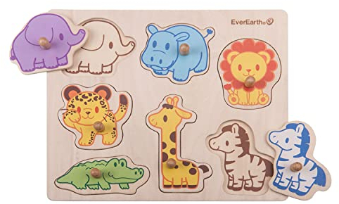 EverEarth Puzzle Safari-Tiere aus nachhaltigem Holz – Buntes Lernspielzeug zur Förderung von Motorik und Tierkenntnissen – Umweltfreundliches Holzpuzzle für Kinder – EE33735