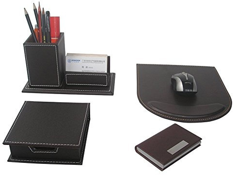 KINGFOM 4pcs Leder büro Schreibtisch Set-- Inklusive Visitenkarten-Etui, Mauspad,Stifthalter mit Visitenkartenhalter und Zettelbox (T49-4-Schwarz)
