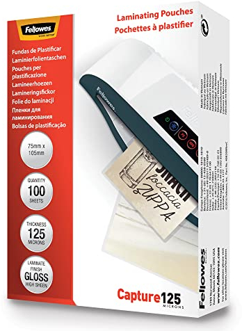 Fellowes Laminierfolien Format 83 x 113 mm, 125 Mikron (2 x 125 mic), glänzend, 100 Stück