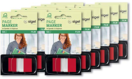 SIGEL HN491/12 Haftmarker im Spender, rot, 12 Stück á 50 Streifen im Format 25 x 43 mm