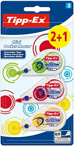 Tipp-Ex Mini Pocket Mouse Rubans Correcteurs 6 m x 5 mm - Couleurs Tendance Assorties, Blister de 2+1
