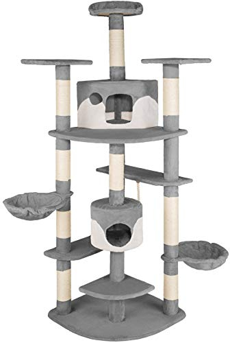 Tectake® Árbol para Gatos - 4 Plataformas, 2 Casetas, Varias Alturas, 2 Nidos Basculantes - Rascador para Gatos Grandes - 204 cm Gris/Blanco