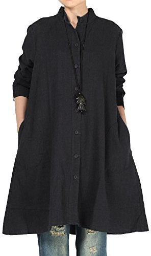 Vogstyle Women's Autumn Cotton Linen Full Front Buttons Shirt Dress with Pockets Medium Black