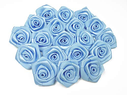 Rosen 3 cm x 10 Stück Satinrosen Aufnäher Deko Blumen Röschen zum Basteln Hochzeit kleine Rosenköpfe Farbe: Hell Blau 311