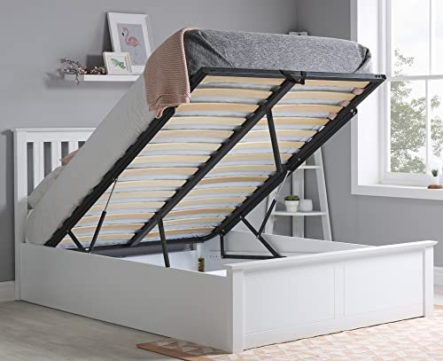 happybeds White Ottoman Storage Bed, Phoenix Wood Modern Bed Frame - 4ft6 Double (135 x 190 cm) with Orthopaedic Mattress Included