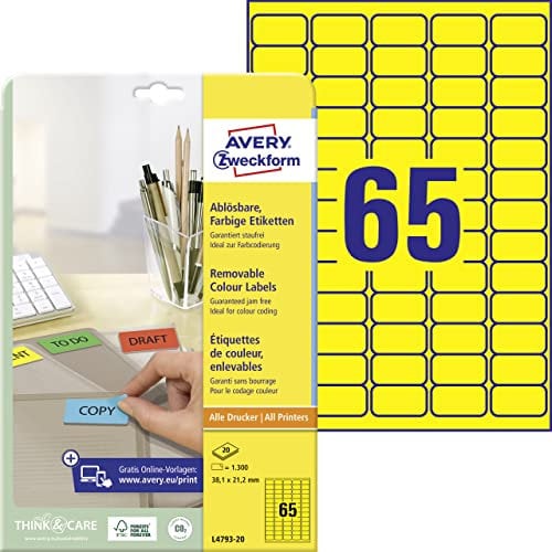 AVERY Zweckform L4793-20 Gelbe Etiketten (1.300 Aufkleber, 38,1x21,2 mm auf A4, wieder rückstandsfrei ablösbar, selbstklebende Farbetiketten, Papier matt, bedruckbare, farbige Klebeetiketten) 20 Blatt