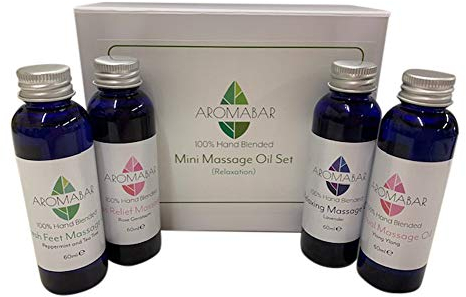 Mini Massage Body Oil Gift Set Lavender, Ylang Ylang, Tea Tree & Peppermint and Rose Geranium in Sweet Almond (4 x 60ml) Ideal Birthday Gift Travel