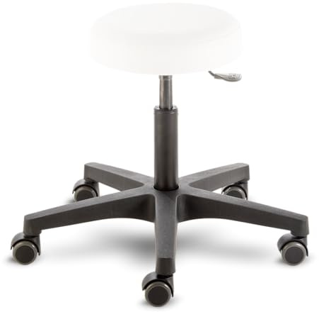 Rollhocker comfort 4401, Sitzhöhe ca. 46 - 59 cm, Rundsitz Ø 33 cm, Einhebel-Auslösemechanik, stufenlose Höhenverstellung, Kunststoff-Fußkreuz, Universal-Doppelrollen Ø 50mm, Rollen/Bodengleiter:weiche Radbandage, Polsterdekor:Dekor offwhite