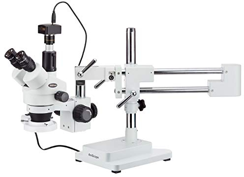 AmScope SM-4TPZ-FRL-3M Simul-Fokales Boom Stereomikroskop mit Fluoreszenzlicht und 3MP Kamera, 3.5X-90X, Weiß