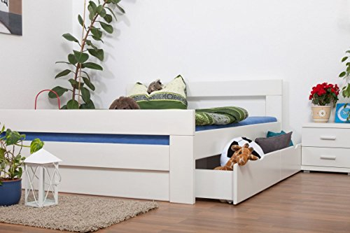 Doppelbett/Funktionsbett Easy Premium Line K6 inkl. 2 Schubladen und 1 Abdeckblende 160 x 200 cm Buche Vollholz massiv weiß lackiert