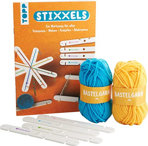 Kreativ-Set Stixxels - Das Universalwerkzeug für Makramee, Knüpfen, Pompons und Weben. Weltneuheit!: Buch mit Grundlagen und Kreativideen, 4 Stixxels-Stäbe und Garn in 2 Farben (Buch plus Material)