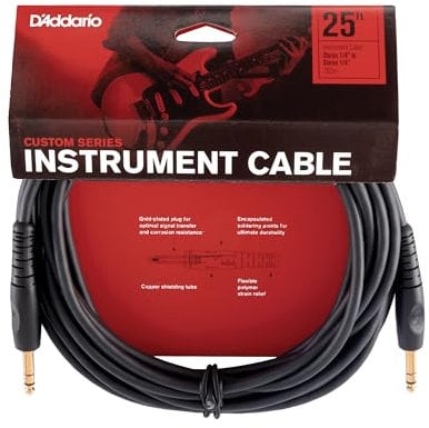 D’Addario Accessories Custom Series Guitar Cables - Instrument Cable with ¼ Inch Ends - High Performance Guitar Cord - For Guitars, Bass, Keyboards - Stereo - Straight End, 25 feet