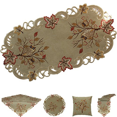 Eulen Tischläufer breiter Tischband Leinen-Optik Grün Beige Stickerei (ca. 45 x 110 cm Oval)