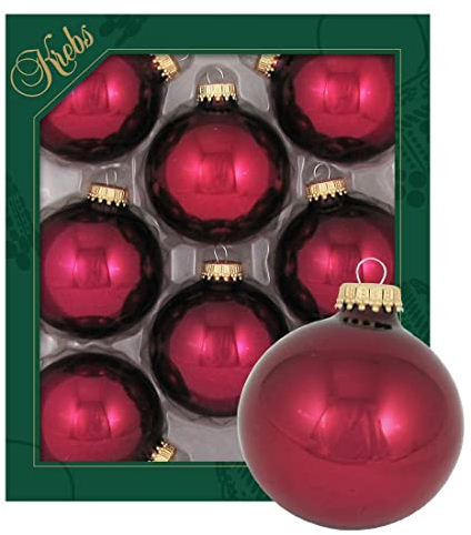 Dekohelden24 Lauschaer Christbaumschmuck - 8er Set Kugeln Uni glänzend Burgund rot, 6,7 cm, mit goldenem Krönchen + 50 Schnellaufhänger in Gold