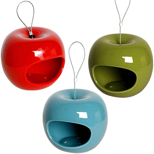 Luxus-Vogelhaus Edle 10100e Design-Futterspender in Apfelform, 3er-Set, Futterstationen in Rot, Grün und Blau, Ø 14 x 12 cm, Keramik