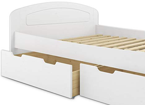 Erst-Holz® Massivholzbett weiß in Überlänge 140x220 cm mit wählbarem Zubehör V-60.50-14-220W, Ausstattung:Rollrost inkl.
