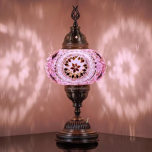 Turkish Moroccan Mosaic Battery-Operated Table Lamp – 30 cm H, 13 cm W, Portable Stained Glass Lamp for Indoor & Outdoor Use, Cordless Handmade Decorative Light for Bedroom, Balcony, Patio & Camping