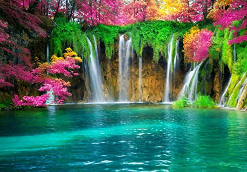 wandmotiv24 Fototapete See mit Wasserfall, XS 150 x 105cm - 3 Teile, Wanddeko, Wandbild, Wandtapete, Wasser, Wald, Baum M5763