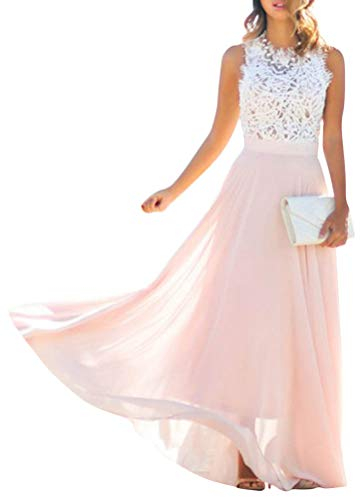 Minetom Rosa Rose Weiße Spitze Rundhals Ärmellos Abendkleid Partei Festliche Maxikleid Günstig Brautjungfernkleid B Rosa 42