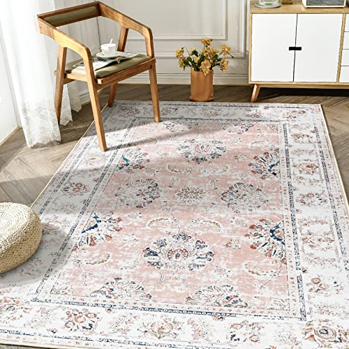 TOPICK Rosa Teppich 90x150cm Wohnzimmer Waschbar Superdünne Vintage Blumen Kurzflor Lang Küche Schlafzimmer Wohnzimmer Mädchen Floral Antirutschunterlage Zusammenklappbar