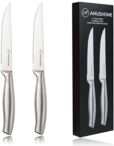AMUSHOME Steak Knives Set of 2 -Stainless Steel Serrated Kitchen Steak Knife-Ergonomic Non-Slip Handle, Rust-Proof & Scratch-Resistant