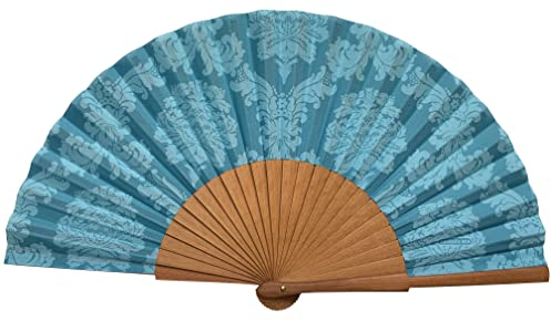 Tusitala Barcelona Handfächer Blauer Damast - Aus Holz und Baumwolle - 100% spanisches Handwerk - Inklusive natürlicher Jutetasche - Handgefertigtes Modeaccessoire - 23 cm.