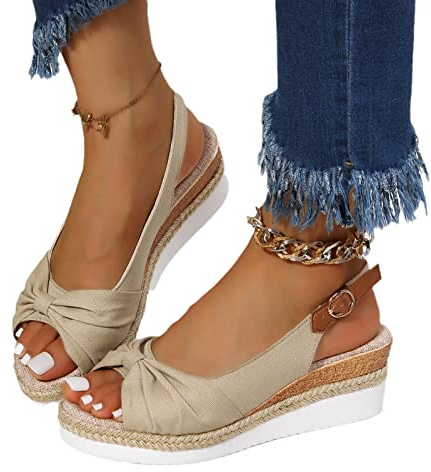 MIYYO Damen Elegant Sandalen Mit Schleife Vintage Keilabsatz Espadrilles Sandaletten Sommer Peep Toe Hausschuhe Römische Strand Sandals Frauen Party Pumps Abendschuhe (Color : Beige, Size : 39 EU)
