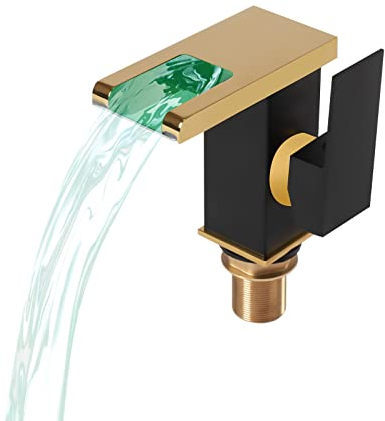 LED Wasserfall Waschbecken Hahn Glas Armatur Waschbecken Wasserfall Auslauf Hahn 3 Farbe Ändern Beleuchtung für Badezimmer (Schwarz+Gold)