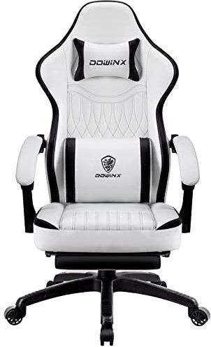 Dowinx Gaming Chair with Spring Cushion,Racing Gamer Chair with Massage Lumbar Support, Ergonomic Gaming Armchair with Footrest Office Chair PU Leather Black&White