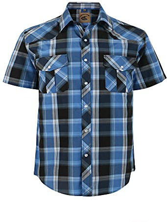 COEVALS CLUB Mens Shirts Short Sleeve Casual Push Button Plaid Suit Regular Fit Western Cowboy Pearl Snap Two Pockets Work Derss Button Up Shirts (Bule Black #4 L)