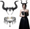 Böse Königin Teufel Kopfschmuck mit Gothic Halskette, Schwarz Teufelshorn, Maleficent Kostüm Zubehör für Gothic-Dekoration, Halloween, Cosplay, Damen, Mädchen, Karneval